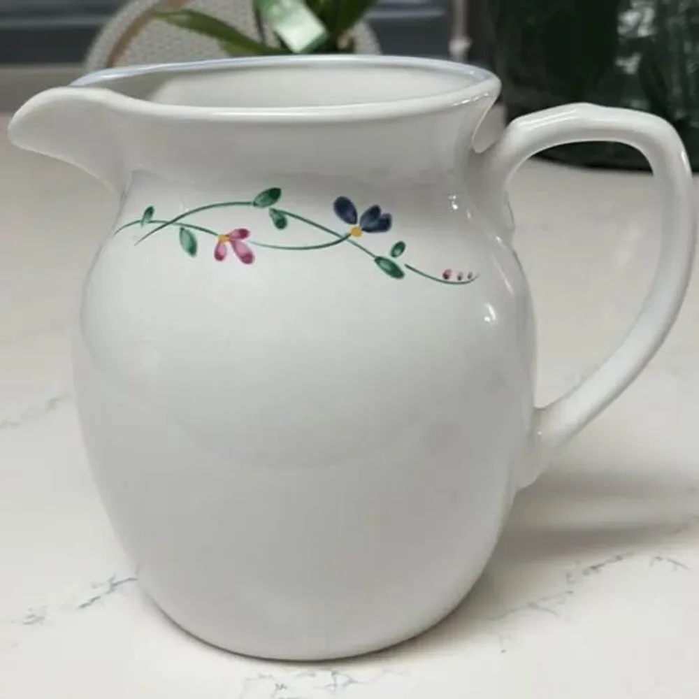 Vintage 7.5” White Ceramic Floral Water Pitcher | Cottage Style Serving Pitcher